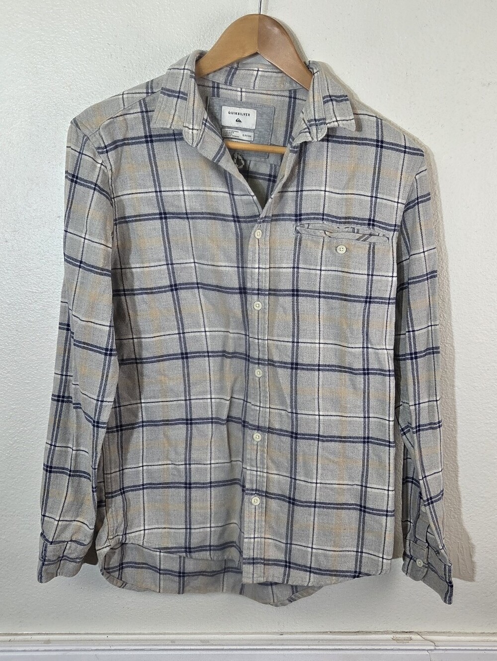 Quiksilver Men's Modern Fit Plaid Shirt S 100% Cotton Gray Blue Costal Flannel